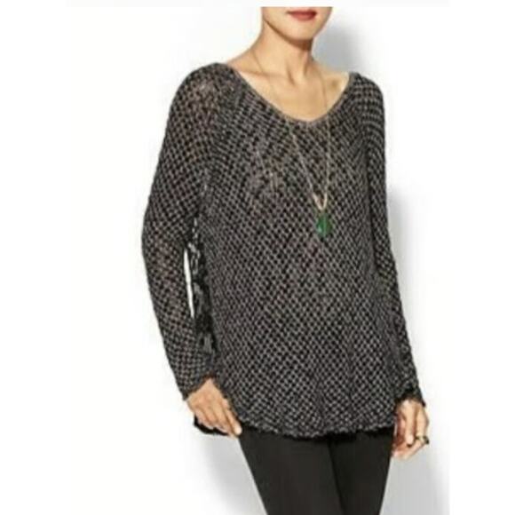 Free People Gray Black Sheer Boho Crochet Lace Poppyseed Pullover Sweater Top XS - Picture 1 of 8